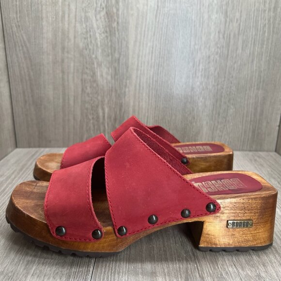 Bongo Wooden Platform Clog Sandal Size 9 Slip On Block Heel Open Toe Leather Red - Picture 2 of 12